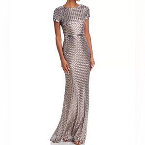 AQUA Formal Women’s Belted Sequin Gown A20430 Silver/Taupe Sz 4